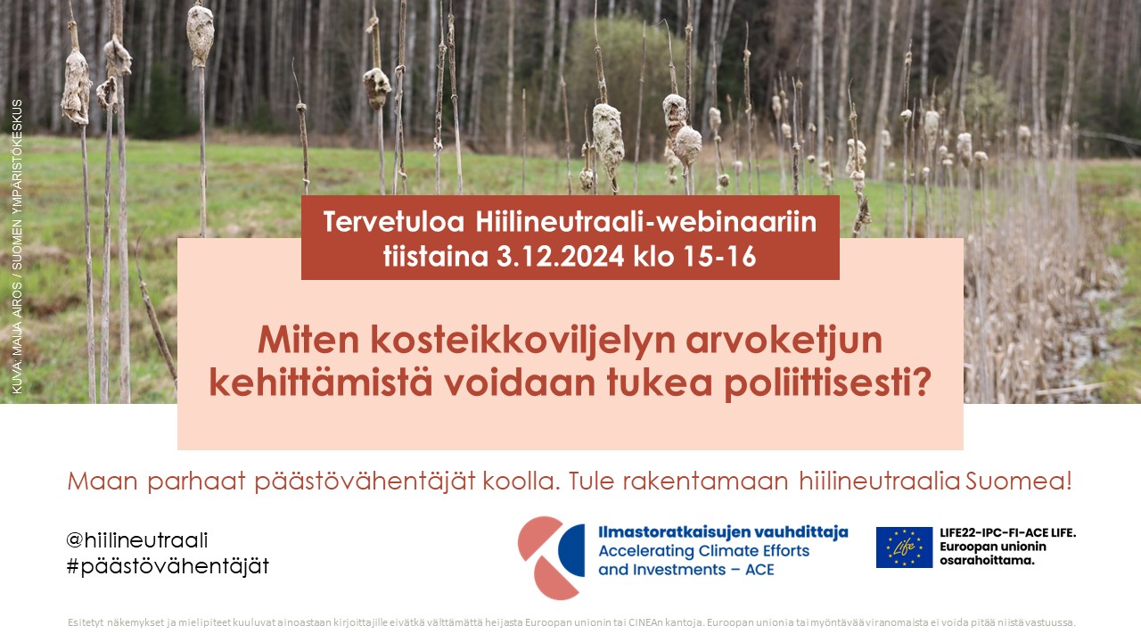 Osmankäämiä pellolla, webinaarin otsikko ja aika, ACE- ja EU LIFE -logot.